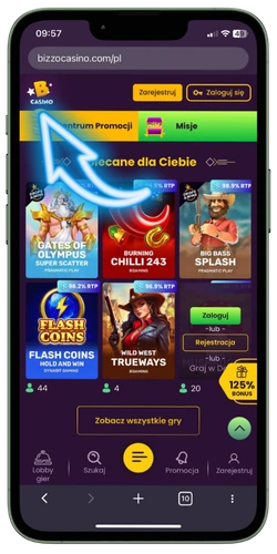 Otwieranie strony Bizzo Casino w przeglądarce mobilnej