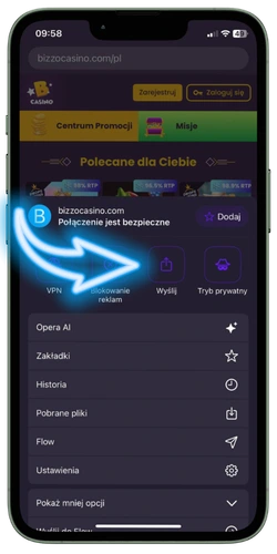 Opcja Udostępnij w menu przeglądarki mobilnej